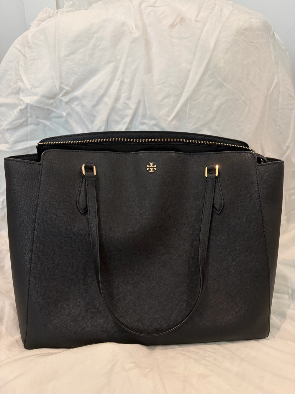 Tory Burch Black Leather Zip-Top Tote with Gold Hardware